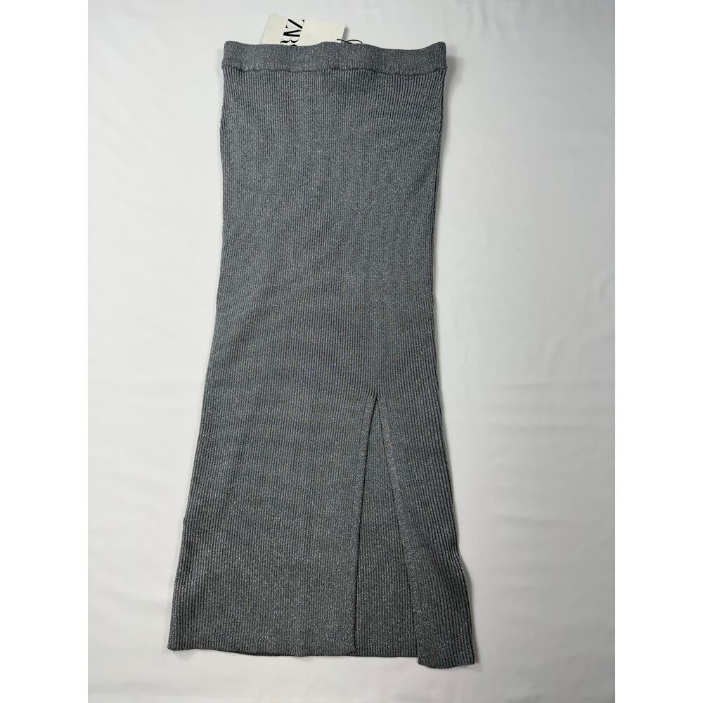 NWT Zara Silver Knit Metallic Thread Sleeveless Top & Midi Skirt Set Sz S - Picture 5 of 11